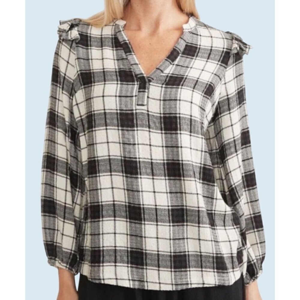 MARINE LAYER Jamie Ruffle Black and White Light Flannel Top Sz XL
